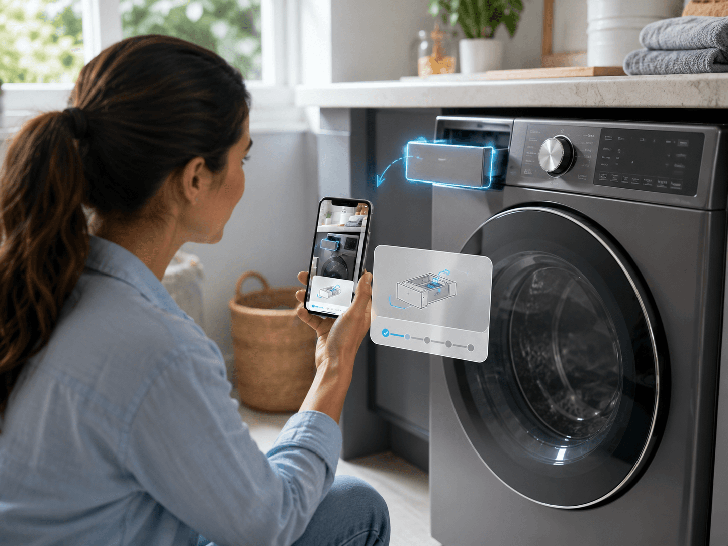 Customer following a guided visual AI session on a washing machine