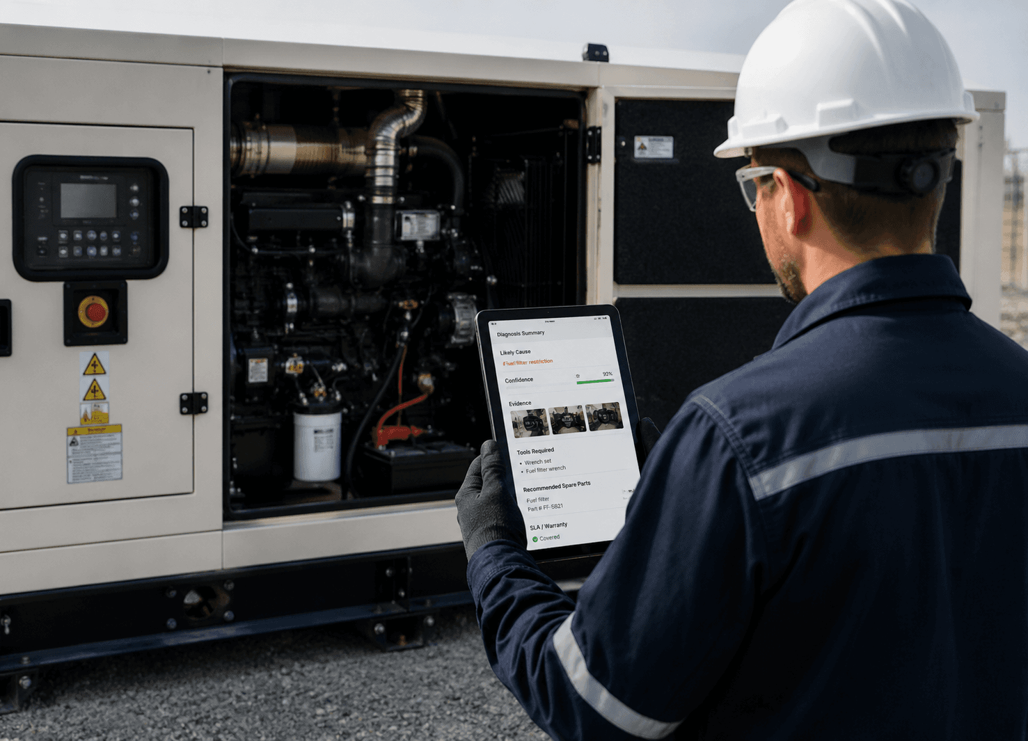 Industrial technician arriving at a generator with a tablet showing the validated diagnosis, inspection evidence, required tools, and recommended spare parts