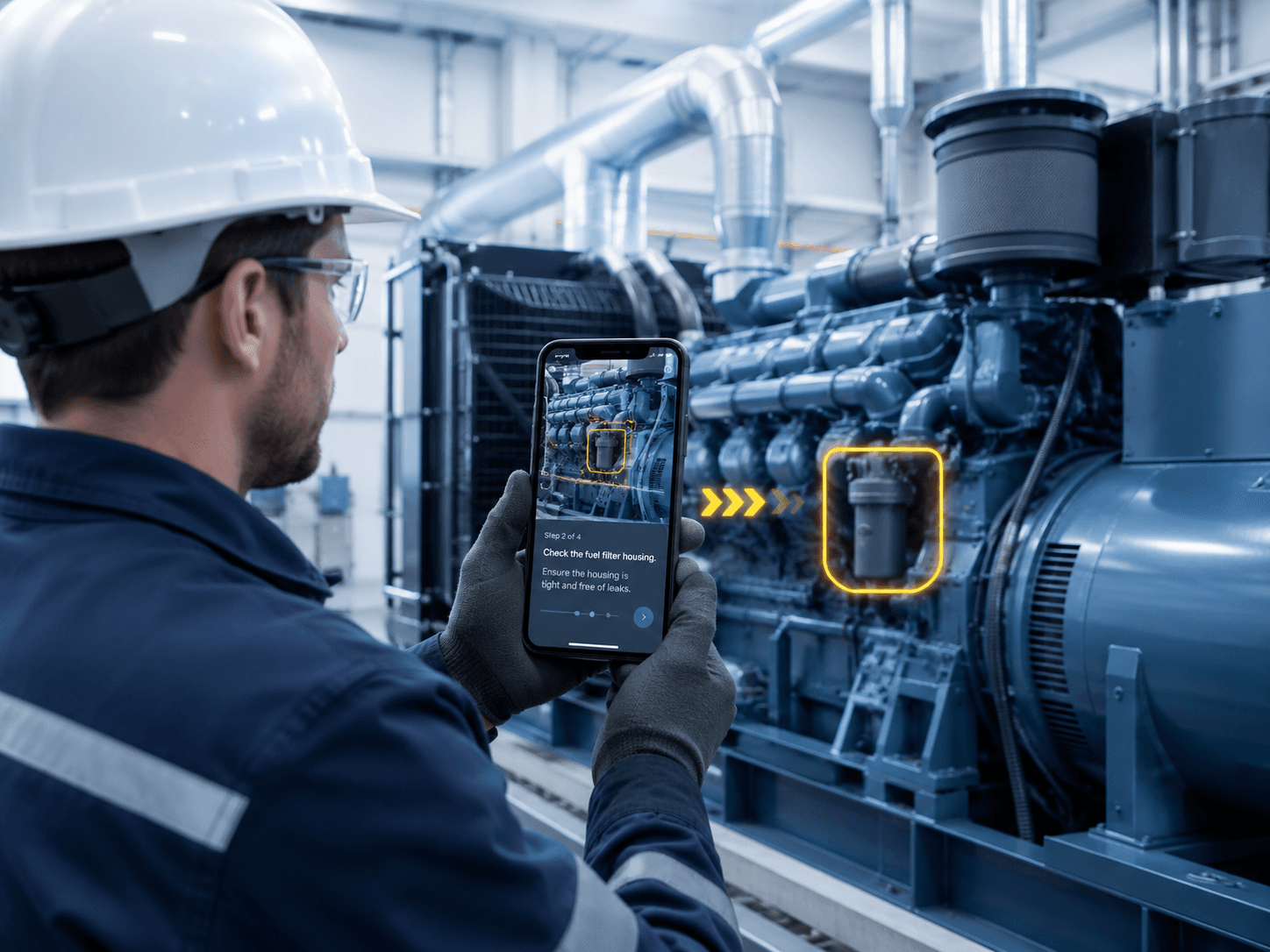 On-site operator pointing a phone camera at an industrial generator while Vistral highlights the correct component and guides a maintenance or Tier 1 troubleshooting step