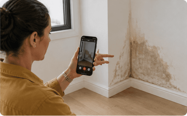 Customer showing a home issue live on camera — for example a leak, appliance fault, or visible damage